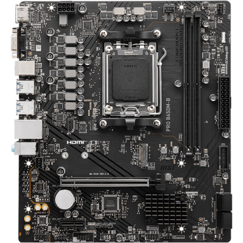 MSI | PRO B650M-B | Processor family AMD | Processor socket AM5 | DDR5 | Supported hard disk drive interfaces M.2, SATA | Number of SATA connectors 4