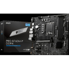 MSI | PRO B760M-P DDR4 | Processor family Intel | Processor socket  LGA1700 | DDR4 DIMM | Memory slots 4 | Supported hard disk drive interfaces 	SATA, M.2 | Number of SATA connectors 4 | Chipset Intel B760 | mATX